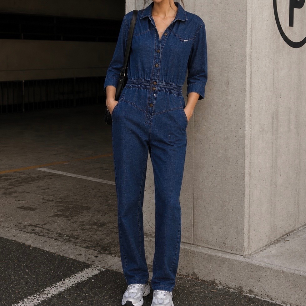 Vtg Dreams Denim Mechanical Jumpsuit M Pinstripe Western Snap Up Elastic Waist